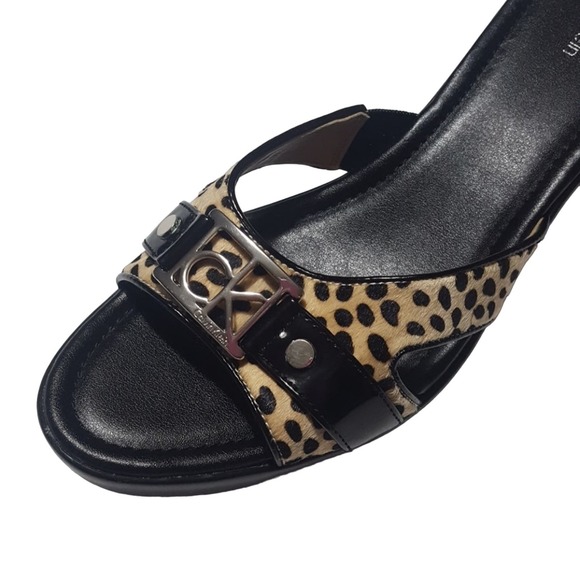 Calvin Klein "Rebah" black white spotted faux calf hair platform cutout wedges - Picture 7 of 8
